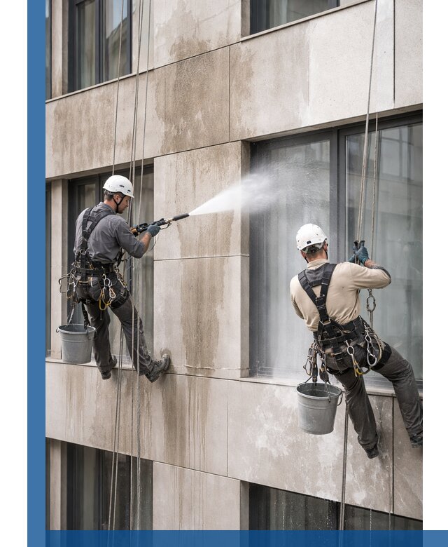 Послестроительная мойка фасада промышленным альпинизмом в Алексеевке