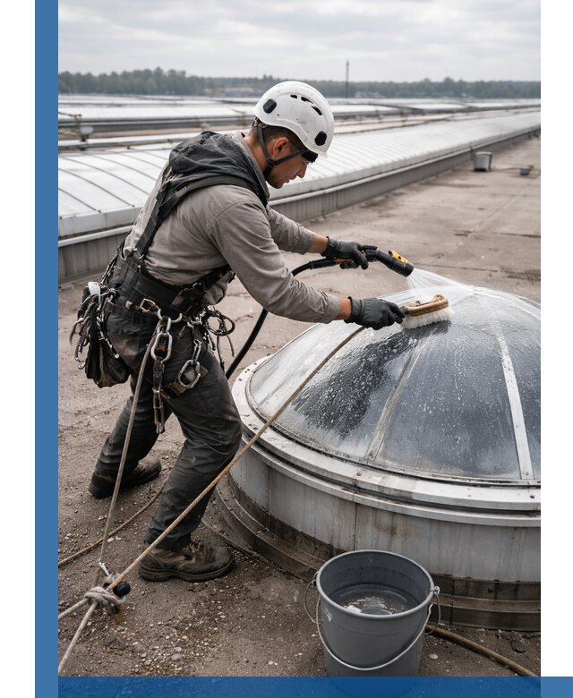 Мойка зенитных фонарей на кровле для промышленных объектов в Алексеевке