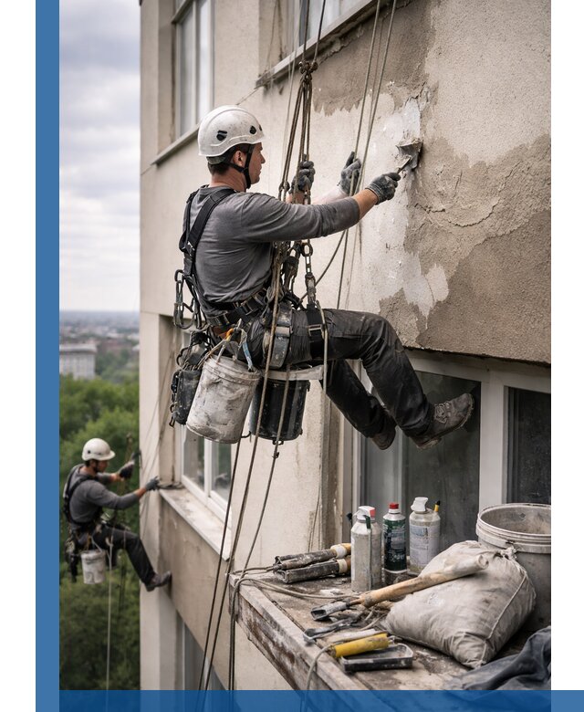 Косметический ремонт фасада зданий в Алексеевке промышленными альпинистами