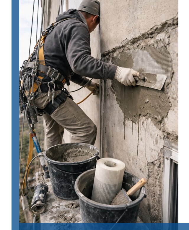 Ремонт бетонных элементов фасада промышленными альпинистами в Алексеевке