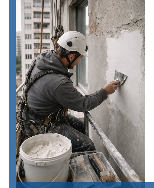 Шпаклевка фасадов на высоте с промальпинистами в Алексеевке