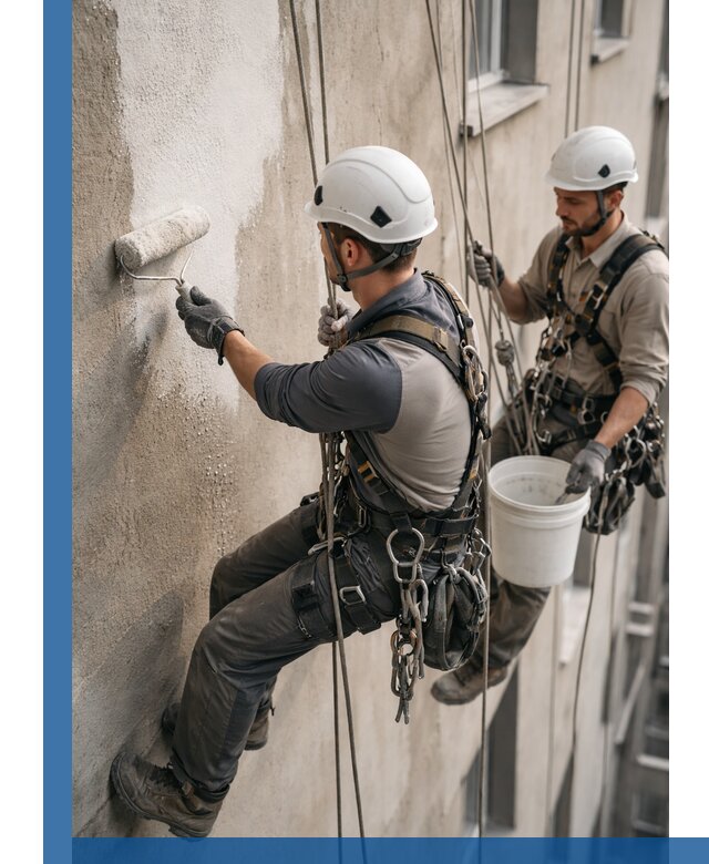 Грунтовка фасада на высоте в Алексеевке промышленными альпинистами