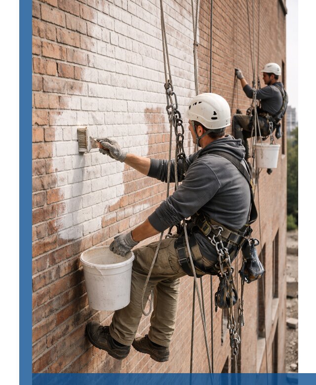 Покраска кирпичного фасада с доступным альпинистским сервисом в Алексеевке
