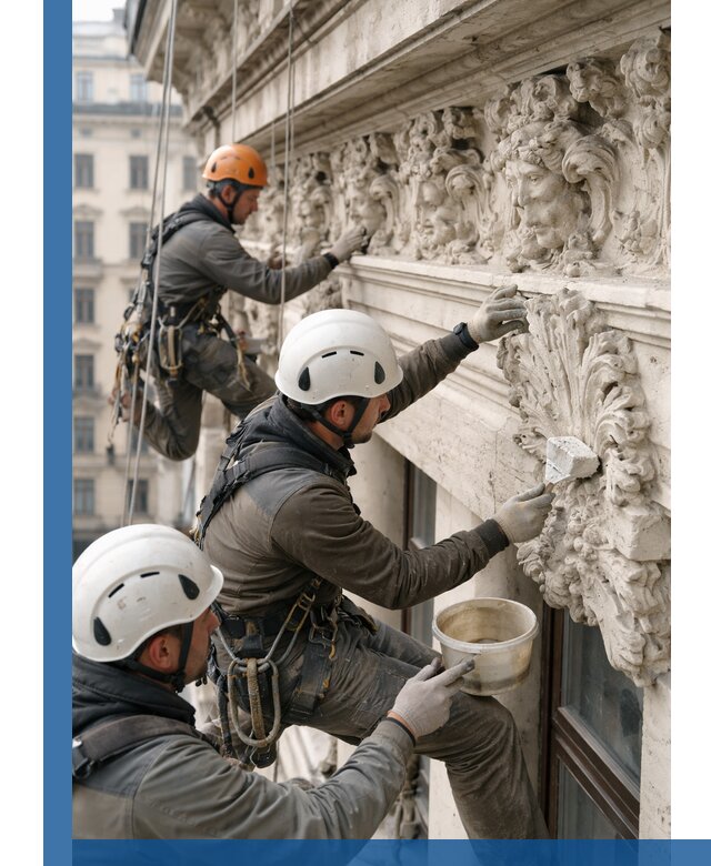 Реставрация фасадной лепнины с высотными работами в Алексеевке