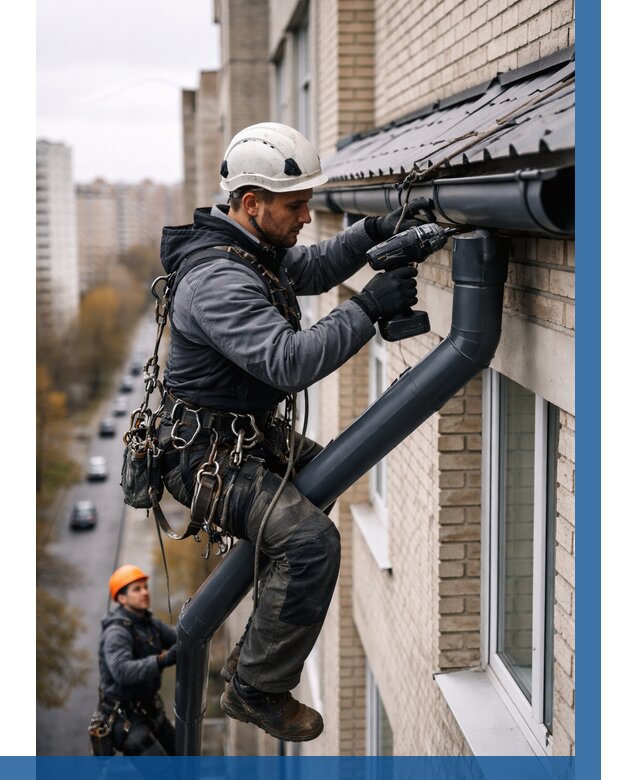 Монтаж водосточной системы на здании в Алексеевке от 5062 р. | ВЫСОТНИК-Лкв