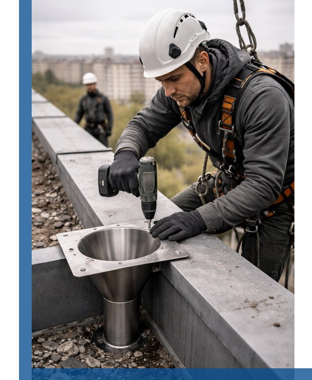 Монтаж водосточных воронок в Алексеевке для промышленных зданий