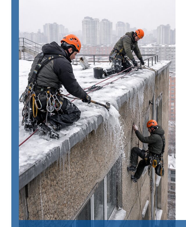 Удаление наледи с кровли в Алексеевке промышленными альпинистами