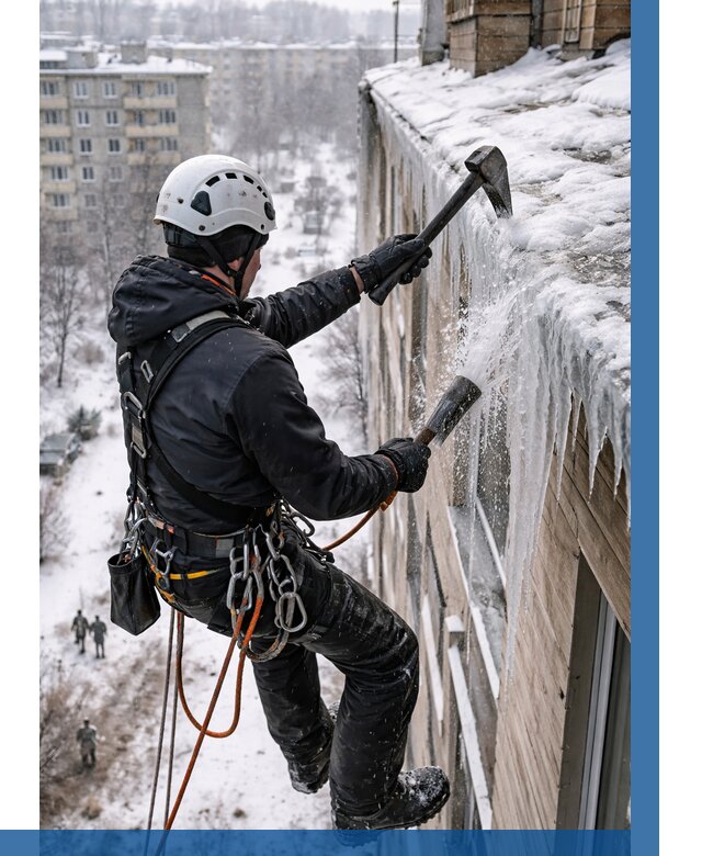 Сбивание сосулек с крыши в Алексеевке по цене от 4556 р. | ВЫСОТНИК-Лкв