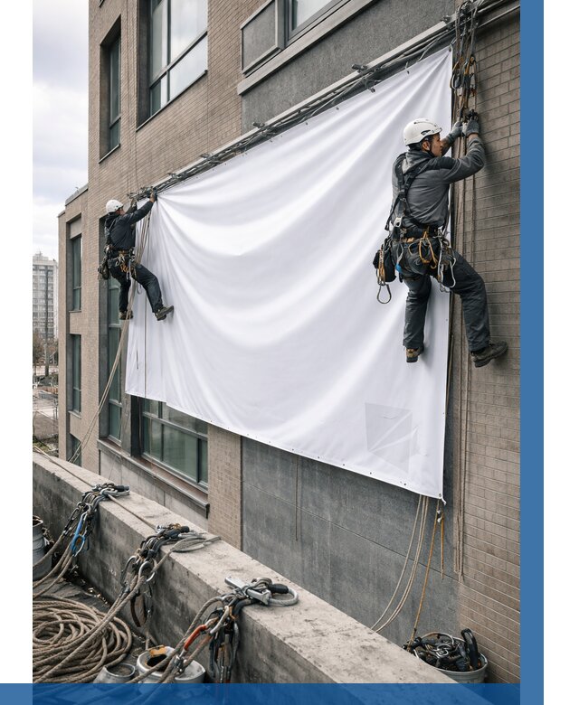 Монтаж баннеров на фасаде в Алексеевке от 658 р. заказать ВЫСОТНИК-Лкв