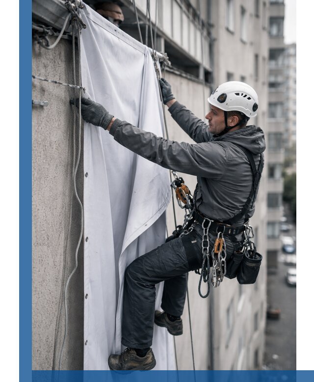 Замена баннерного полотна промышленными альпинистами в Алексеевке