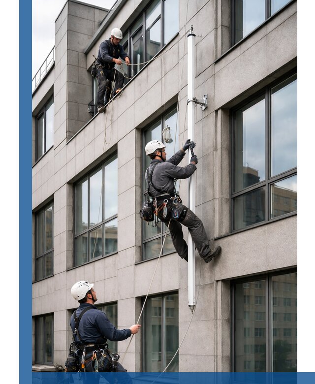 Монтаж флагштока на фасаде здания с креплением и герметикой в Алексеевке