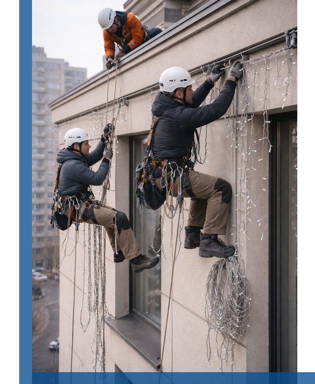 Монтаж праздничных гирлянд на фасаде в Алексеевке для зданий