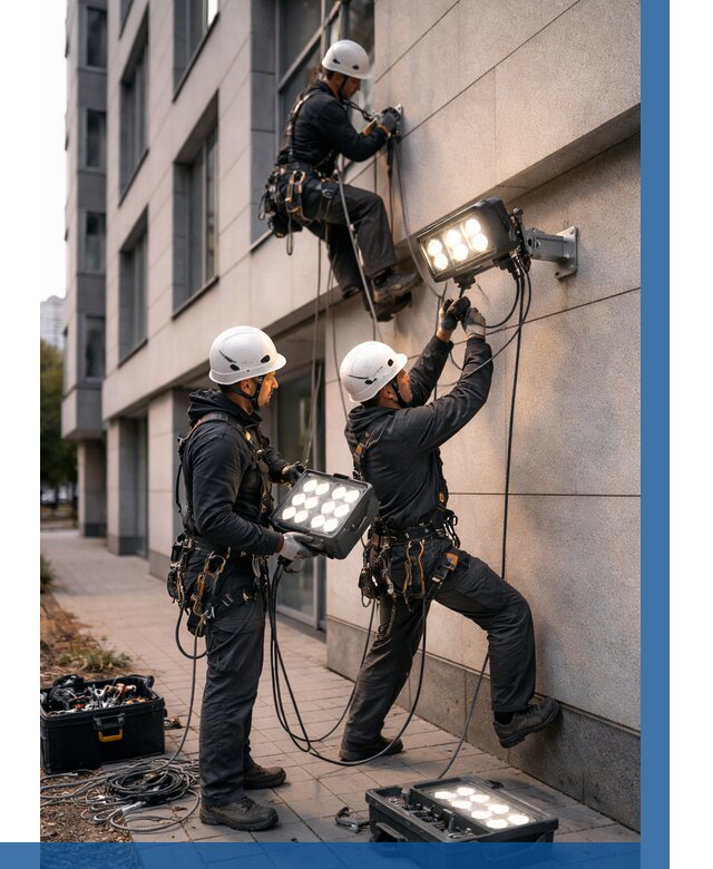 Монтаж прожекторов на фасаде в Алексеевке от 7593 р. | ВЫСОТНИК-Лкв