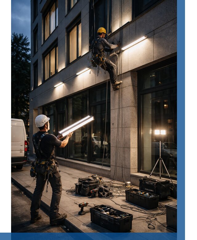 Монтаж архитектурной подсветки здания в Алексеевке от 2531 р.|ВЫСОТНИК-Лкв