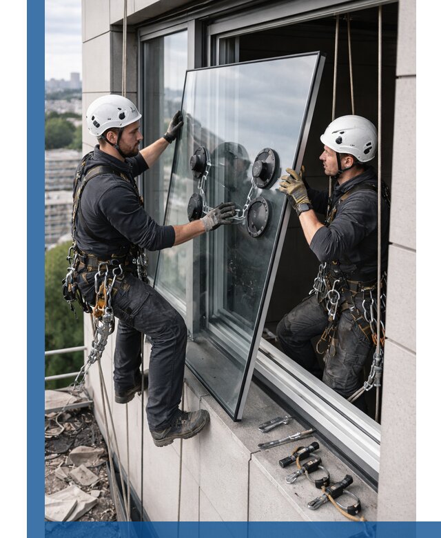 Замена стеклопакетов на высоте с промышленными альпинистами в Алексеевке