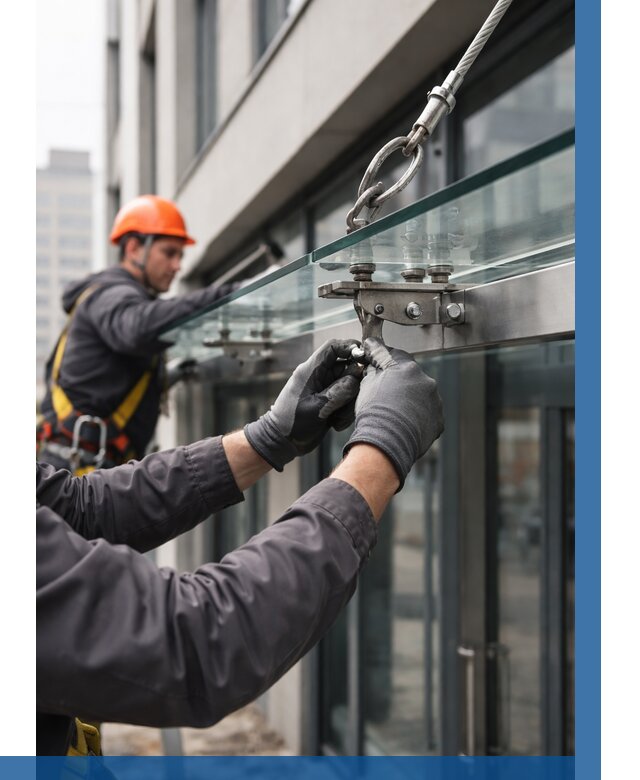 Монтаж стеклянных козырьков в Алексеевке от 8605 р. | ВЫСОТНИК-Лкв