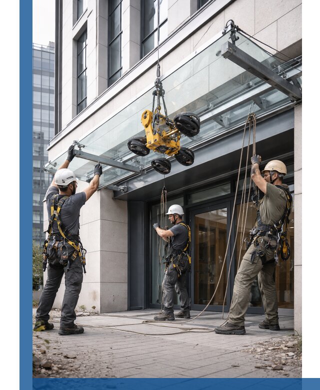 Монтаж стеклянных козырьков под ключ в Алексеевке для зданий