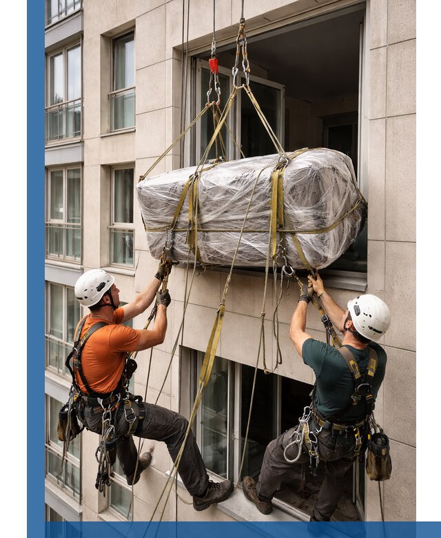 Подъем грузов через окно в Алексеевке промышленными альпинистами