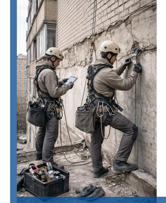 Обследование фасада промышленными альпинистами в Алексеевке